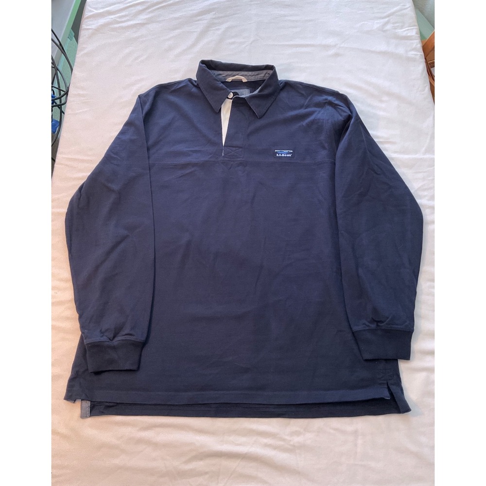 LL Bean Mens Navy Blue Long Sleeve Rugby Shirt Cotton Polo Large 504190